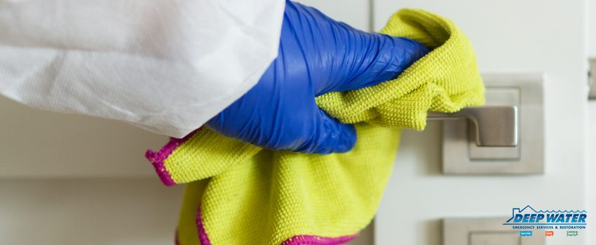 A person wearing gloves and holding onto some cleaning supplies