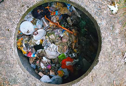 A garbage can filled with trash and cans.