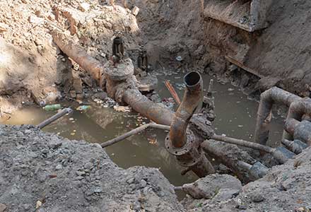 A pipe that is in the dirt near some rocks.