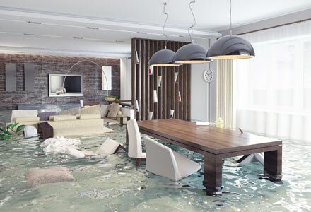A dining room table is surrounded by water.