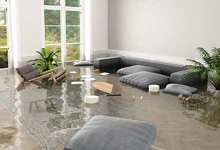 A living room flooded with water and pillows.