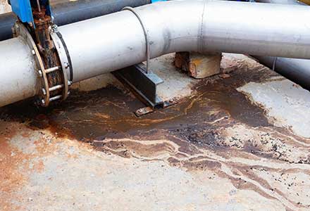 A dirty floor with brown water and rust.